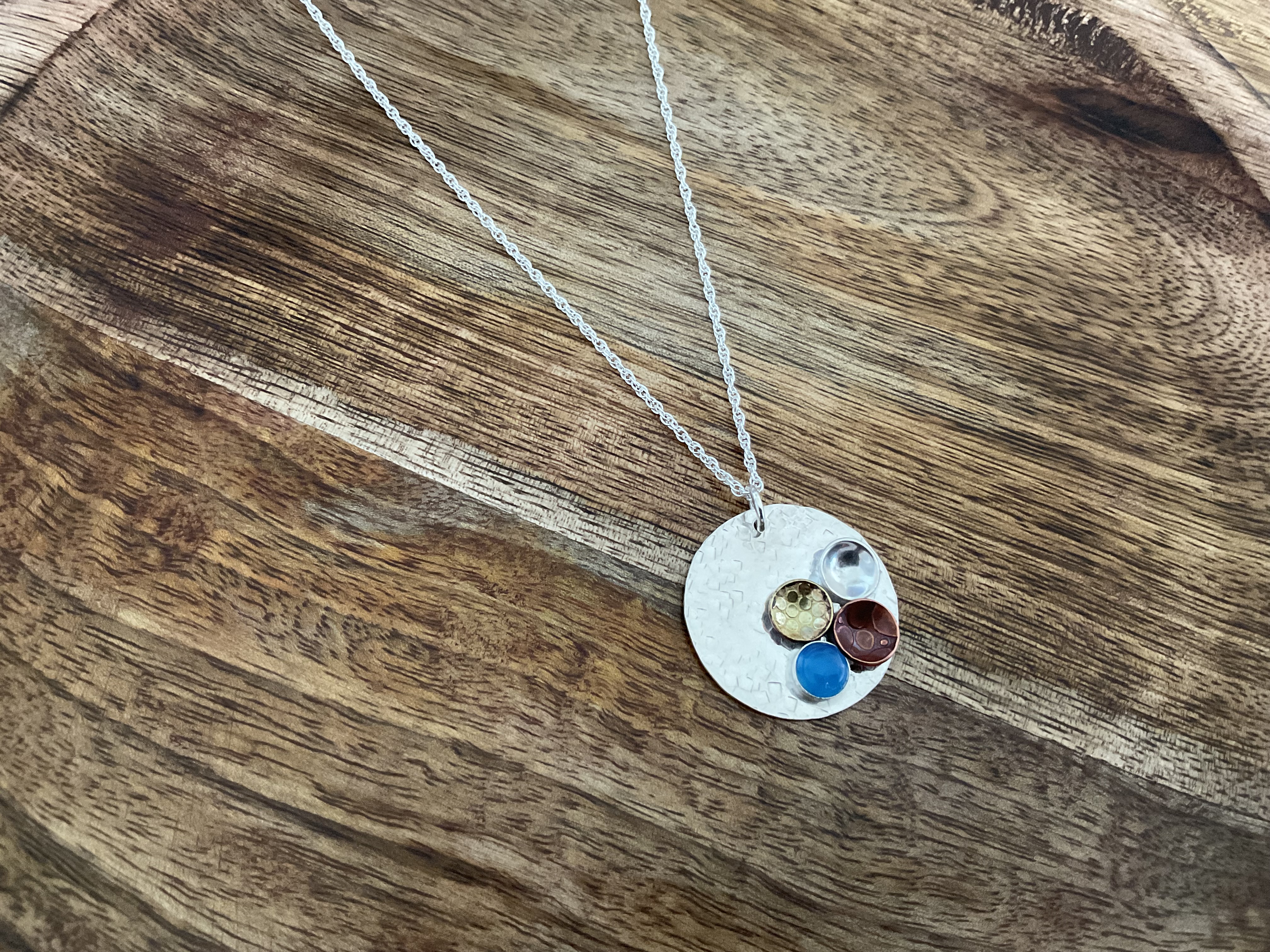 Blue Agate Domed Circle Pendant and Chain